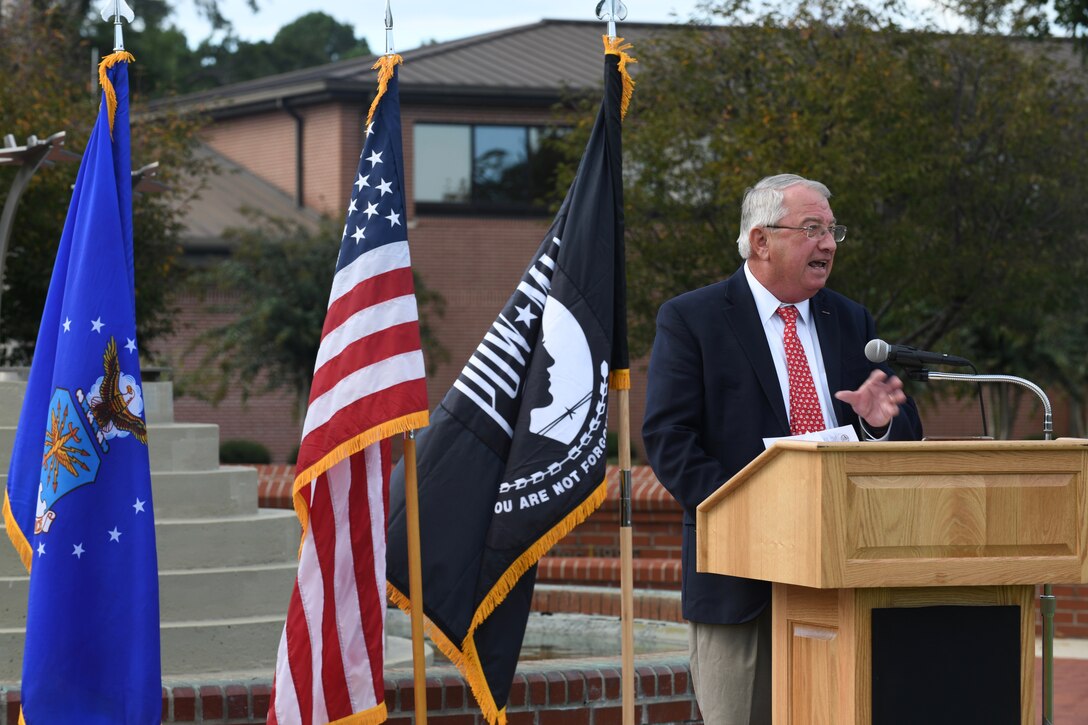 Goldsboro Counilman Bill Boadway speaks during the POW/MIA Ceremony on Sept. 18, 2019, at Seymour Johnson Air Force Base, North Carolina. The ceremony, held in conjunction with national POW/MIA Recognition Day, also featured a missing-man formation flyover by four F-15E Strike Eagles assigned to the 4th FW, a reading of the Code of Conduct, a special presentation of the colors by the base honor guard and remarks by Col. Brian Montgomery, 4th Fighter Wing vice commander. (U.S. Air Force photo by Staff Sgt Michael Charles)