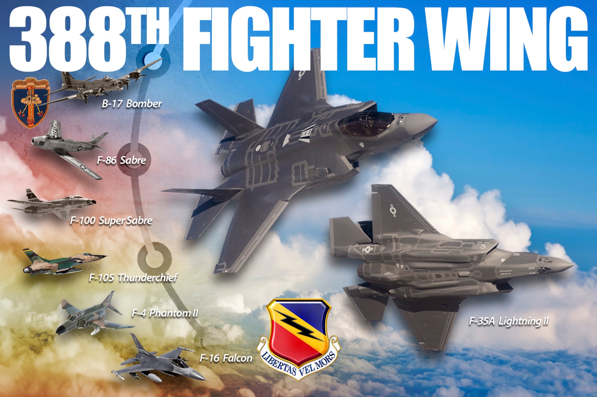 The 388th has flown many aircraft and missions since it's initial stand-up as the 388th Bombardment Group on Dec. 24, 1942. Now, the 388th Fighter Wing is responsible for employing the F-35A Lightning II aircraft worldwide in support of the national defense. (U.S. Air Force Graphic by David Perry)