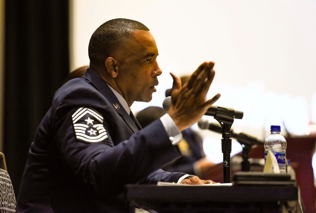 Chief Master Sgt. Tim White, Air Force Reserve Command command chief, discusses preparing the enlisted force for the future fight during the Air Force Association Air, Space and Cyber Conference in National Harbor, Maryland, Sept. 16, 2019. The ASC Conference is a professional development forum that offers the opportunity for Department of Defense personnel to participate in forums, speeches, seminars and workshops.  (U.S. Air Force photo by Tech. Sgt. Anthony Nelson Jr.)