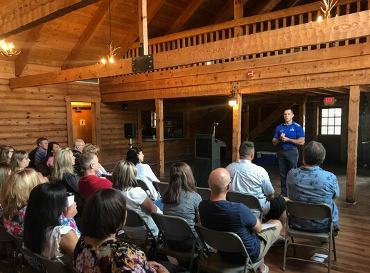 Retired Master Sgt. Adam Boccher, a Wounded Warrior Ambassador, shares intimate details of trauma with Wright-Patterson Air Force Base’s Air Force Life Cycle Management Center’s Financial Management and Comptroller personnel Sept. 10 at Bass Lake Lodge for their day of Chief of Staff of the Air Force Gen. Goldfein’s Resilience Tactical Pause initiative.