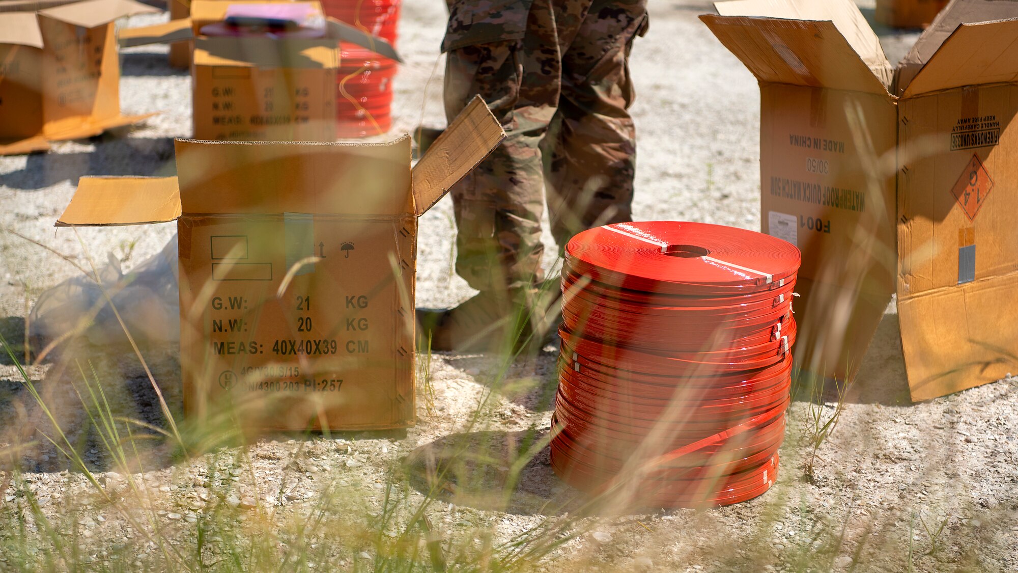 Unpacked explosives are placed at the Avon Park Air Force Range, Fla., prior to a controlled detonation Sept. 9, 2019. The Bureau of Alcohol, Tobacco, Firearms and Explosives seized over 7,000 pounds of explosives from a prior convicted felon in the largest explosives seizure in Florida history.