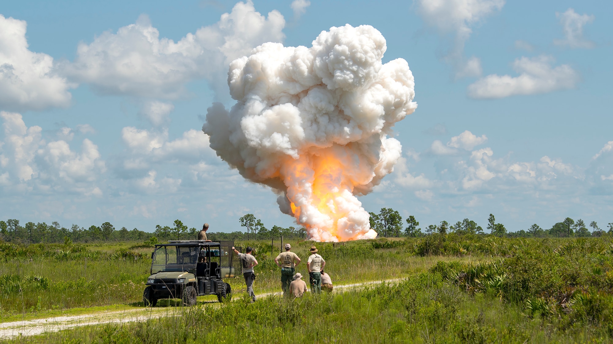 Members of the 6th Civil Engineer Explosive Ordnance Disposal Flight, the Bureau of Alcohol, Tobacco, Firearms and Explosives, and other local and state authorities, oversee a controlled detonation at the Avon Park Air Force Range, Fla., Sept. 9, 2019. The ATF seized over 7,000 pounds of explosives from a prior convicted felon in the largest explosives seizure in Florida history.