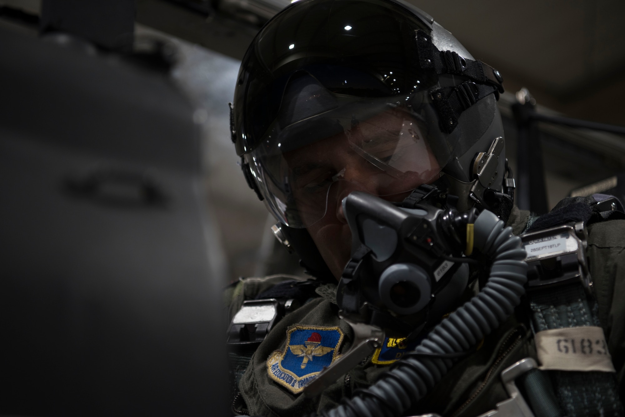 First Lt. Benjamin Peña, 85th Flying Training Squadron instructor pilot, sits in a T-6A Texan II, preparing for takeoff on Sept. 18, 2019 at Laughlin Air Force Base, Texas. Night flying at a Specialized Undergraduate Pilot Training base allows not only more hours in the sky, but it also provides a variety experience so pilots can become accustomed to instrument flying. (U.S. Air Force photo by Senior Airman Marco A. Gomez)