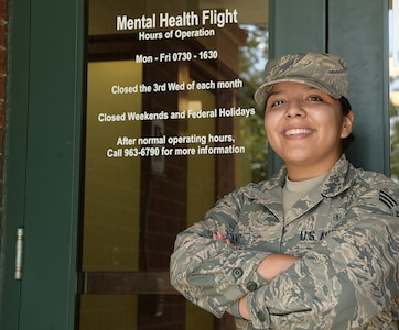 U.S. Air Force Senior Airman Mayra Serrano, a mental health technician assigned to the 628th Medical Group, stands in front of the Mental Health Clinic entrance Sept. 16, 2019, at Joint Base Charleston, S.C. Air Force medical technicians like Serrano help ensure the medical readiness, both physically and mentally, of over 200,000 Airmen around the world.