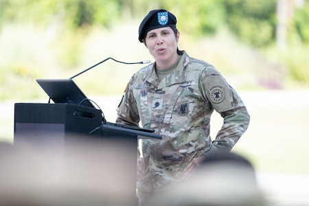 Lt. Col. Mary Rivera, commander, 5th Medical Recruiting Battalion, provides remarks during the Houston Medical Recruiting Company change of command ceremony at Hermann Park Conservancy, Houston, Texas, Sept. 5.