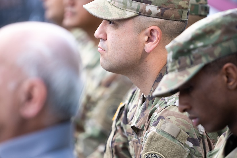 Staff Sgt. Gene Britton, station commander, Little Rock Medical Recruiting Station, attends the Houston Medical Recruiting Company change of command ceremony at Hermann Park Conservancy, Houston, Texas, Sept. 5.