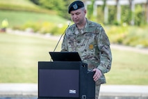 Sgt. 1st Class Anthony Merino, recruiter, Houston Medical Recruiting Station, provides remarks during the Houston Medical Recruiting Company change of command ceremony at Hermann Park Conservancy, Houston, Texas, Sept. 5.