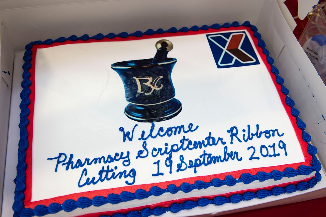A cake is on display during the ScriptCenter ribbon cutting ceremony Sept. 19, 2019, at Moody Air Force Base, Ga. The ScriptCenter is a machine that stores and dispenses various medications to customers and is intended to streamline the main pharmacy refill and dispensing services for Airmen, their families and retirees. (U.S. Air Force photo by Airman Azaria E. Foster)