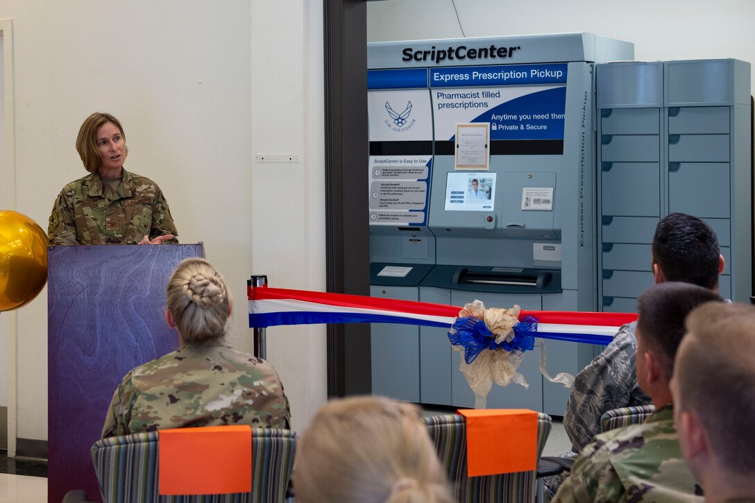 Col. Tiffany Morgan, 23d Medical Group commander, speaks during the ScriptCenter ribbon cutting ceremony Sept. 19, 2019, at Moody Air Force Base, Ga. The ScriptCenter is a machine that stores and dispenses various medications to customers and is intended to streamline the main pharmacy refill and dispensing services for Airmen, their families and retirees. (U.S. Air Force photo by Airman Azaria E. Foster)