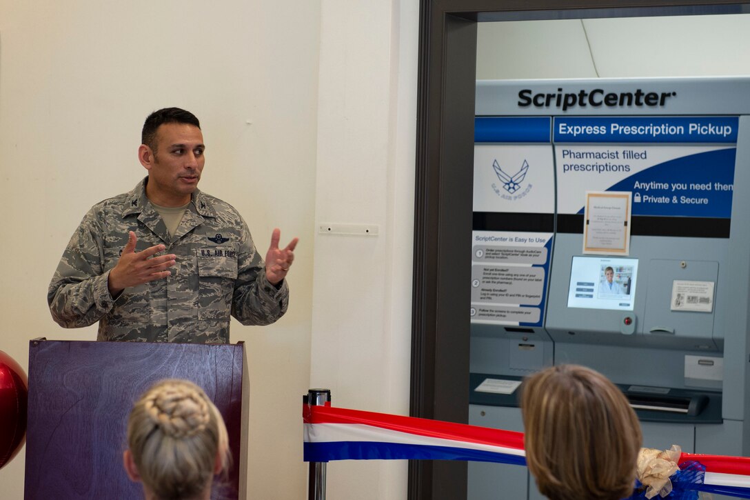 Col. Benjamin Conde, 23d Wing vice commander, speaks during the ScriptCenter ribbon cutting ceremony Sept. 19, 2019, at Moody Air Force Base, Ga. The ScriptCenter is a machine that stores and dispenses various medications to customers and is intended to streamline the main pharmacy refill and dispensing services for Airmen, their families and retirees. (U.S. Air Force photo by Airman Azaria E. Foster)