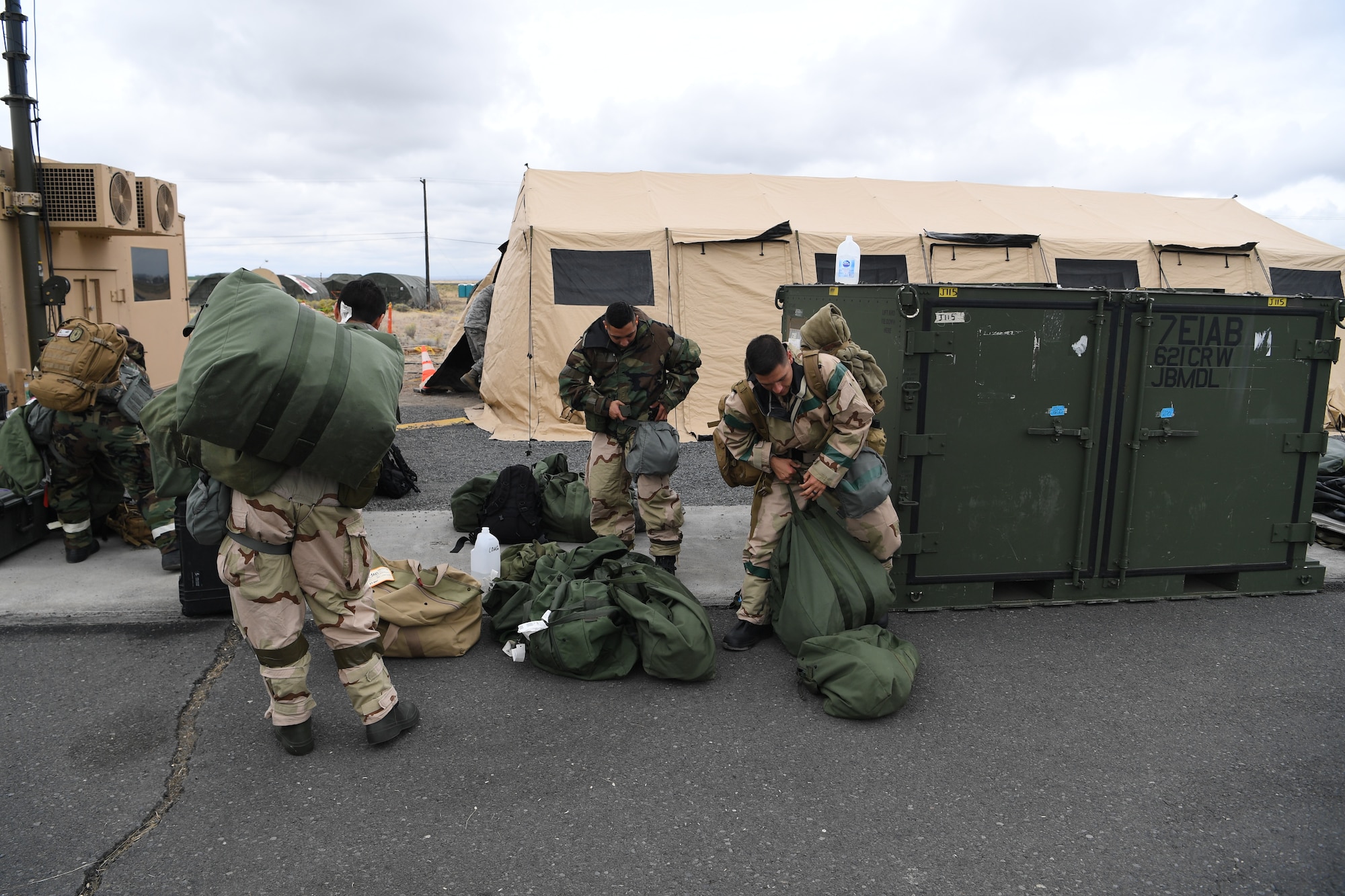 U.S. Air Force Aircrew Flight Equipment Airmen arrive at Yakima Air Terminal-McAllister Field, Washington to perform decontamination procedures on KC-135 Stratotanker aircrew and passengers during Exercise Mobility Guardian, Sept. 16, 2019. Exercise Mobility Guardian is Air Mobility Command's premier, large scale mobility exercise. Through robust and relevant training, Mobility Guardian improves the readiness and capabilities of Mobility Airmen to deliver rapid global mobility and builds a more lethal and ready Air Force. (U.S. Air Force photo by Tech. Sgt. Luther Mitchell)