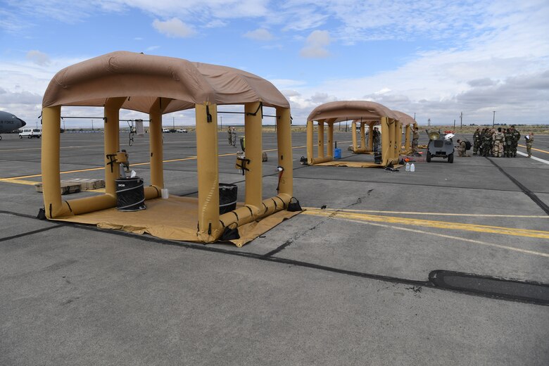 Decontamination stations stand ready to receive affected aircrew and passengers during Exercise Mobility Guardian at Yakima Air Terminal-McAllister Field, Washington, Sept. 16, 2019. Exercise Mobility Guardian brings together U.S. Air Force, joint and international partners from more than two dozen nations enhancing the vital partnerships needed to accomplish the mission. (U.S. Air Force photo by Tech. Sgt. Luther Mitchell)
