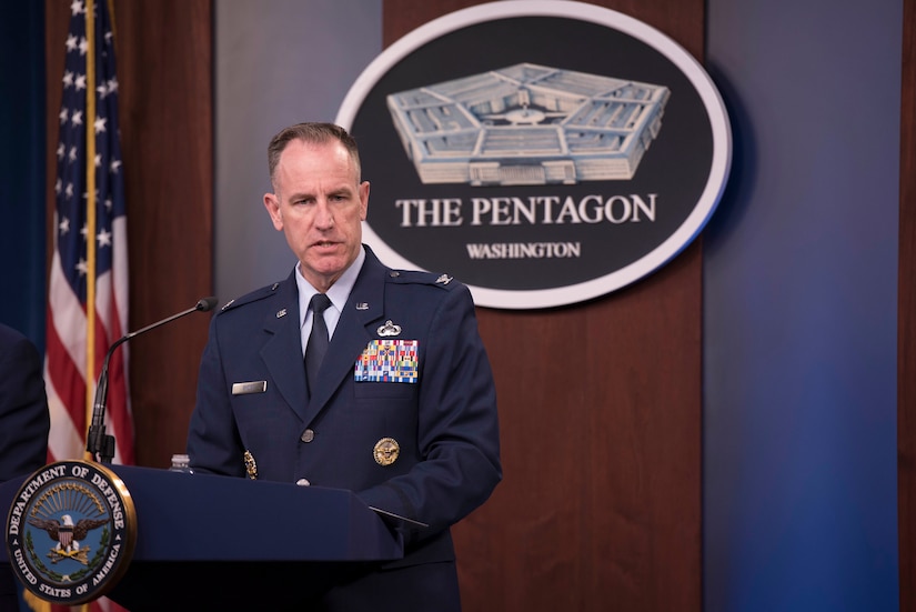 Air Force officer addresses Pentagon reporters.