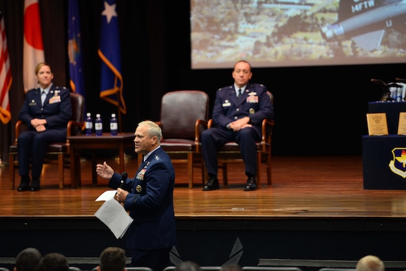 Retired Lt. Gen. Jeffrey Lofgren, former Deputy Chief of Staff for Capability Development, speaks to the graduating classes and their families, Sept. 13, 2019, on Columbus Air Force Base, Mississippi. Lofgren expressed how he felt extremely honored and humble to be a part of the ceremony and to speak to the newest pilots of the world’s greatest Air Force. (U.S. Air Force photo by Airman 1st Class Jake Jacobsen)