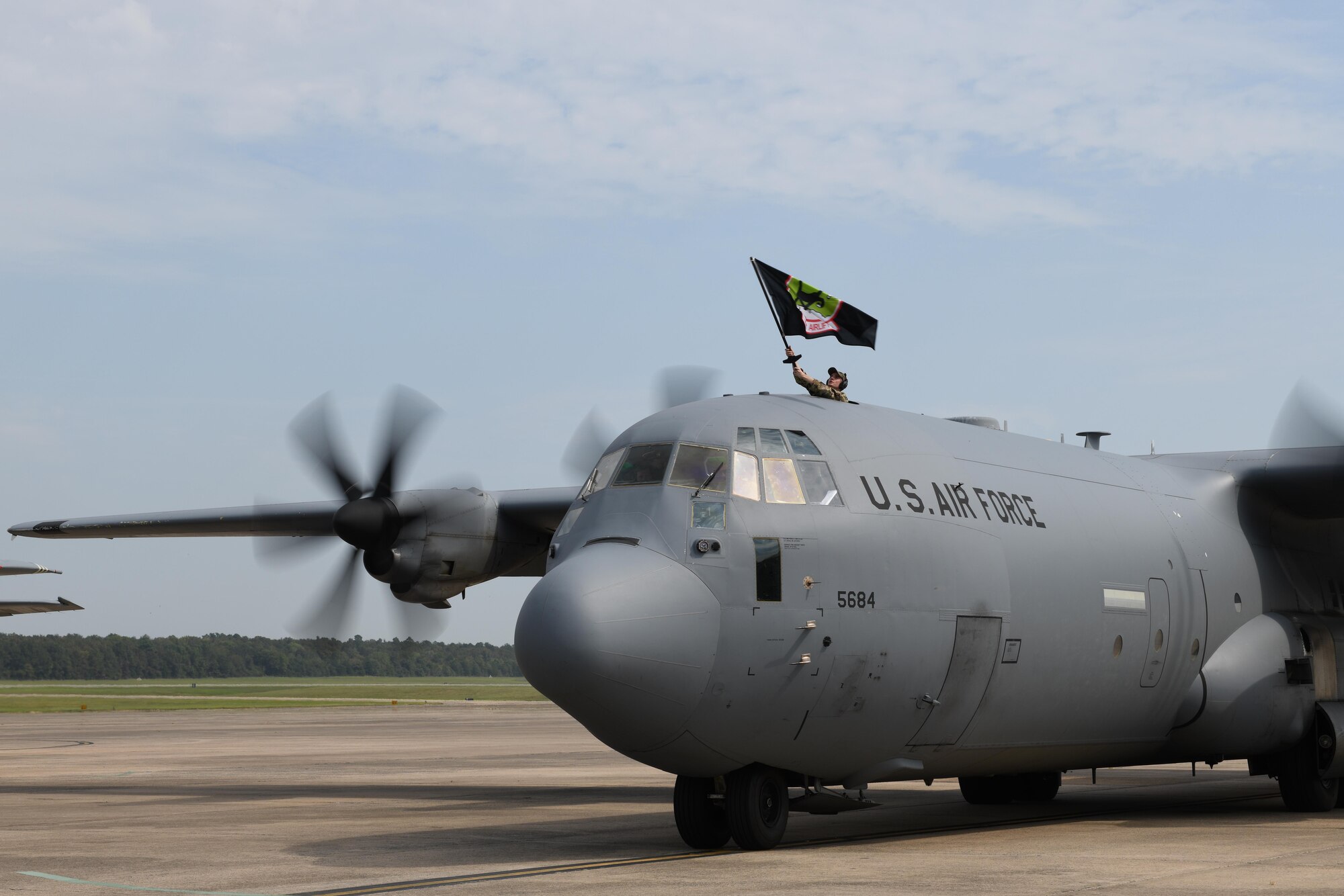 A C-130J Super Hercules taxis after returning Airmen from the 41st Airlift Squadron home from deployment.
