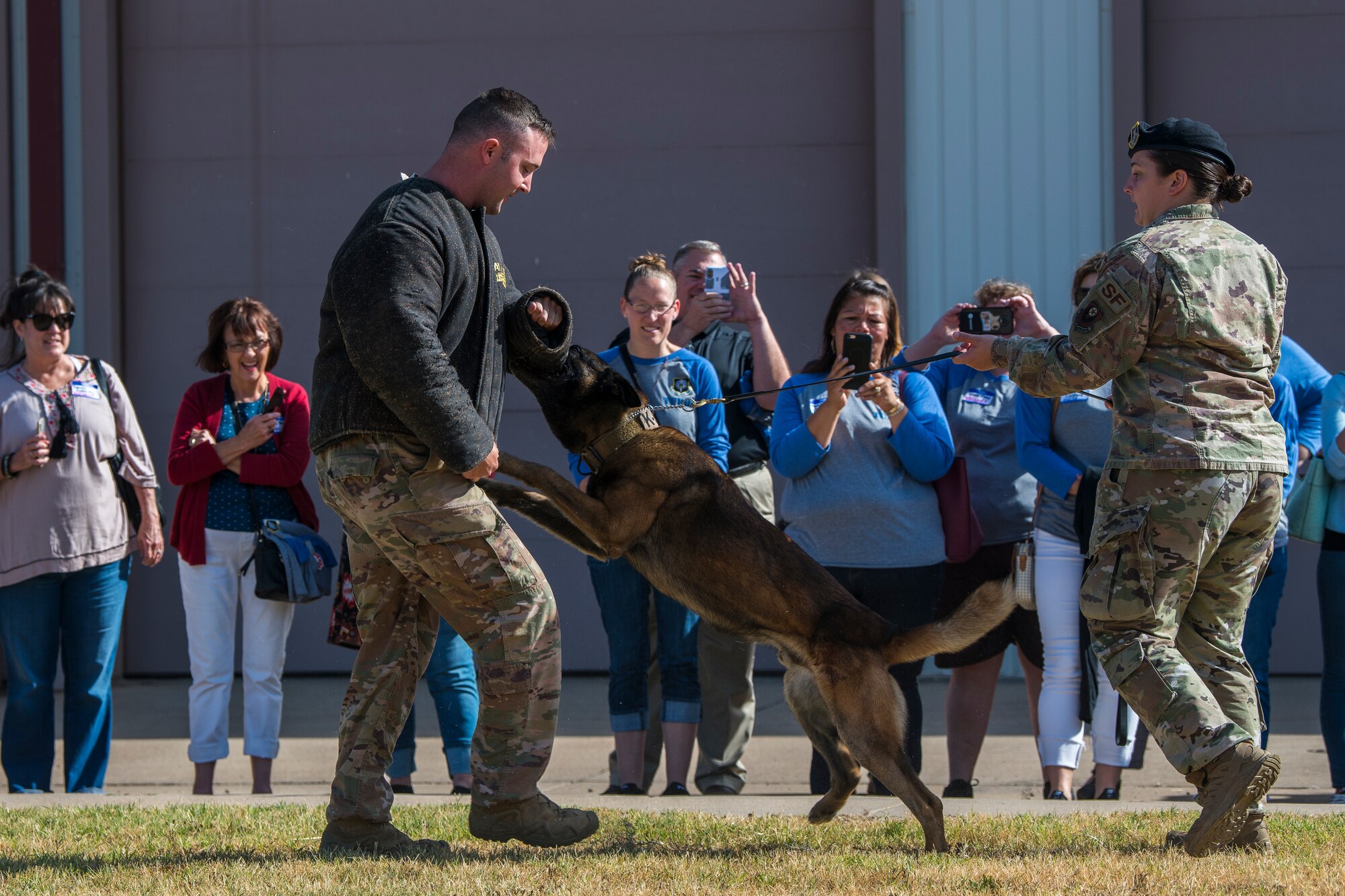 Members of the 27th Special Operations Security Forces Squadron Military Working Dog unit put on a demonstration for members of local schools during Teachers Understanding Deployment Operations at Cannon Air Force Base, N.M, Sept. 14, 2019. TUDOS is a program made to educate teachers and faculty of local schools about what military life is like and how it can affect the children of military members. (U.S. Air Force photo by Senior Airman Vernon R. Walter III)