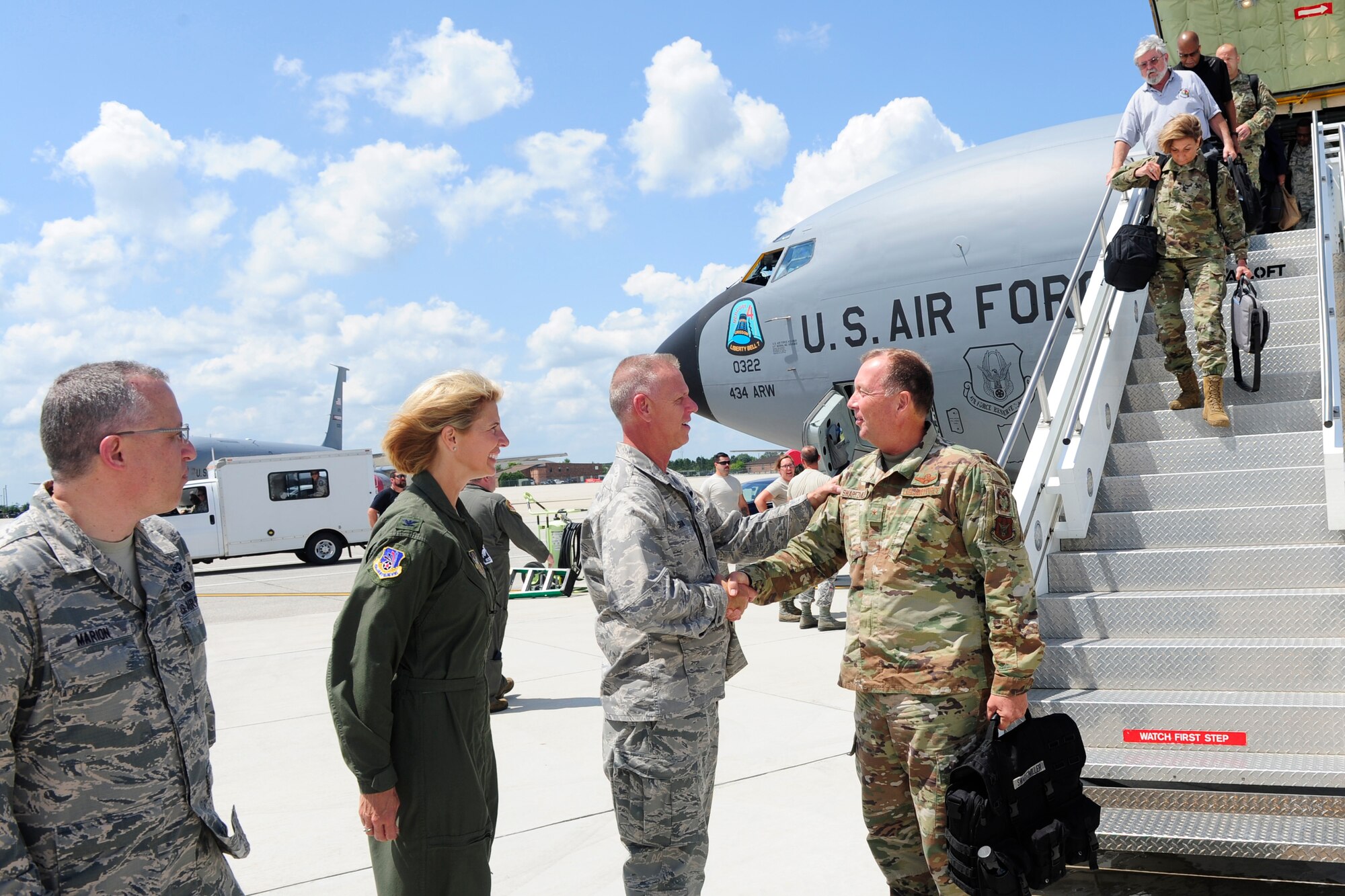 Col. Larry Shaw, 434th Air Refueling Wing Commander, and his leadership team welcomes Brig. Gen. Allan Swartzmiller, Air Force Reserve Command inspector general, as his team of more than 50 inspectors land at Grissom Air Reserve Base, Indiana for inspections Aug. 1, 2019. During Grissom’s most recent inspection, the IG office focused on top leadership’s priorities of improving readiness, promoting unit camaraderie, Airmen development and mission success. (U.S. Air Force photo/Master Sgt. Ben Mota)