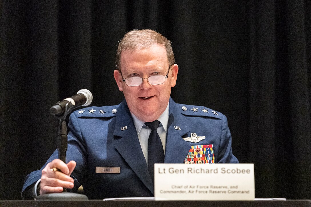 Lt. Gen. Richard Scobee, Air Force Reserve Command commander, participates in the 'using the competitive edge to train how we fight' panel during the Air Force Association Air, Space and Cyber Conference in National Harbor, Maryland, Sept. 18, 2019. The ASC Conference is a professional development seminar that offers the opportunity for Department of Defense personnel to participate in forums, speeches and workshops. (U.S. Air Force photo by Tech. Sgt. D. Myles Cullen)