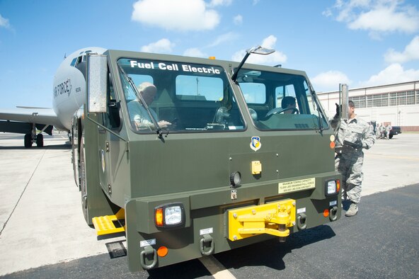 A 154th Maintenance Squadron crew chief does a final walk-around inspection before a U-30 Aircraft Tow Tractor powered by hydrogen fuel cell technology tows the aircraft, July 18, 2019, Joint Base Pearl Harbor-Hickam, Hawaii.