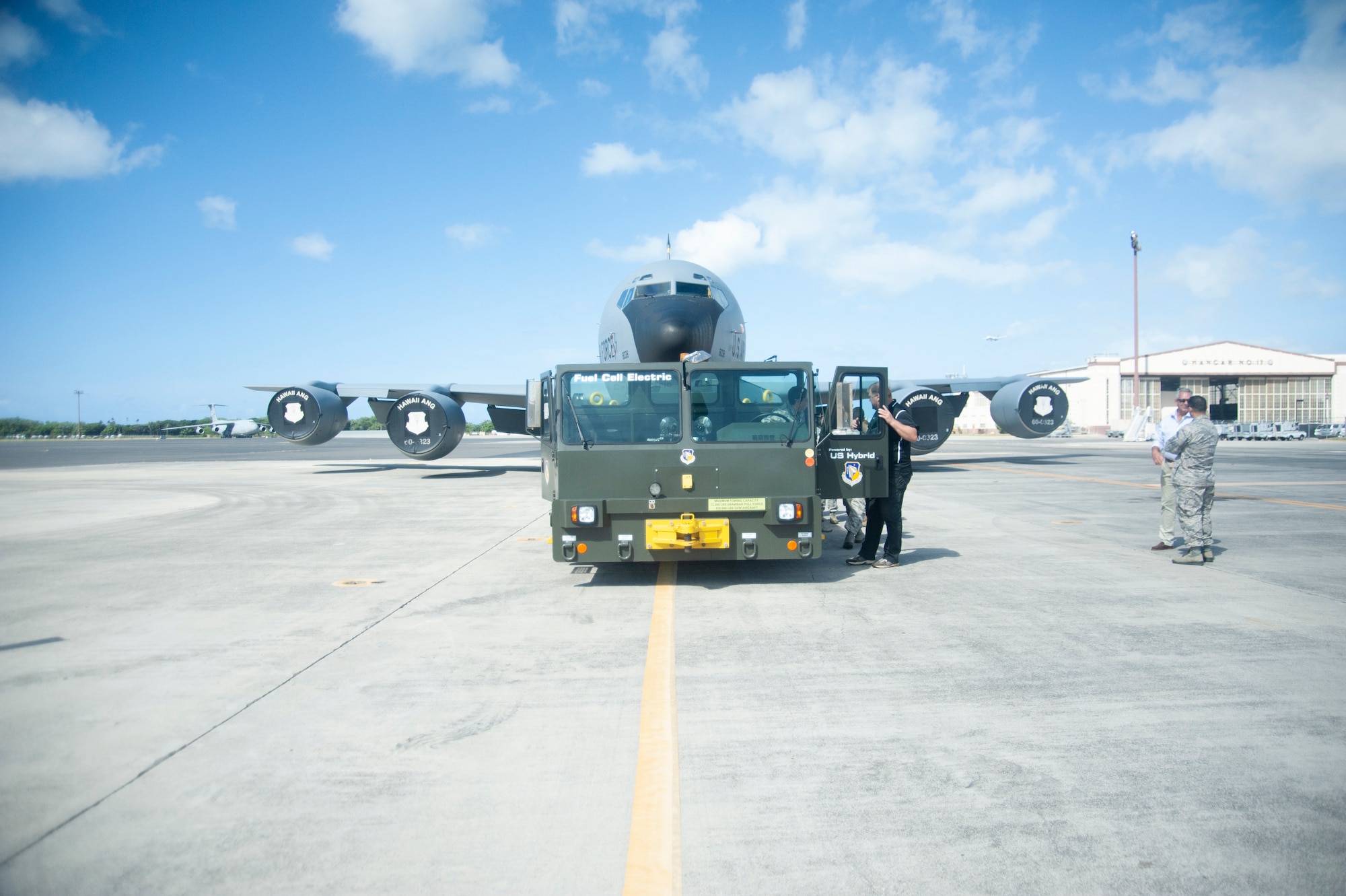 A hydrogen fuel cell powered U-30 Aircraft Tow Tractor tows a KC-135 Stratotanker assigned to the Hawaii Air National Guard 203rd Air Refueling Squadron, July 18, 2019, Joint Base Pearl Harbor-Hickam, Hawaii.