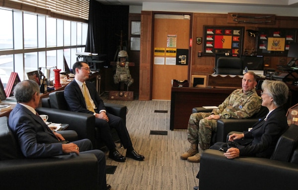 Ambassador Harry Harris, United States Ambassador to South Korea, Moon Hee Lee, Policy Advisor to Minister Kang and Director General for North Korean Nuclear Affairs Bureau, General Robert B. “Abe” Abrams, Commander of United Nations Command, Combined Forces Command, and United States Forces Korea and Foreign Minister Kang Kyung-wha, Ministry of Foreign Affairs meet in Abrams office at Camp Humphreys, Pyeontaek on Sept. 20, 2019. During the meeting, leaders emphasized the importance of the ROK-U.S. alliance and the importance of maintaining a strong combined defense posture to maintaining peace, security and stability on the Korean Peninsula.