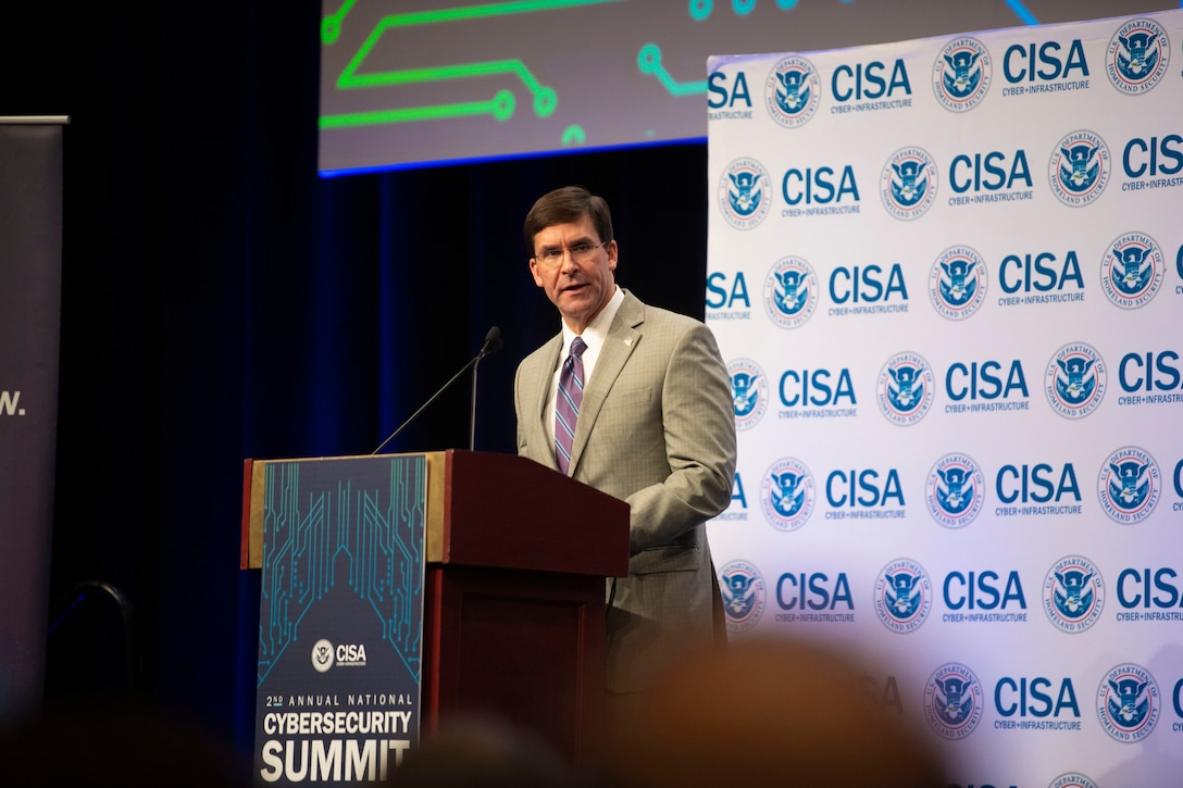 Defense Secretary Dr. Mark T. Esper speaks to an audience.