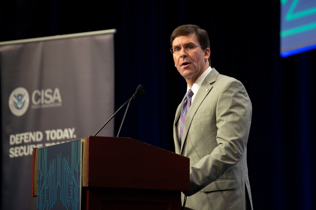 Defense Secretary Dr. Mark T. Esper speaks to an audience.
