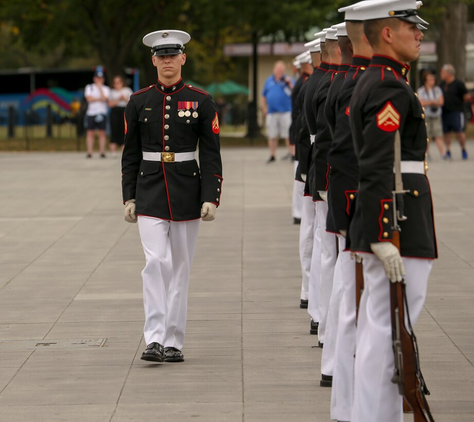 Corporal Hunter Smart, number one rifle inspector, U.S. Marine Corps Silent Drill Platoon, marches onto the deck during an honor flight at the Lincoln Memorial, Washington, D.C., Sept. 17, 2019. Honor Flights provide no cost transportation for U.S. military veterans to visit Washington D.C. and see the memorials of the respective wars they served in. (U.S. Marine Corps photo by Lance Cpl. Allen Sanders)