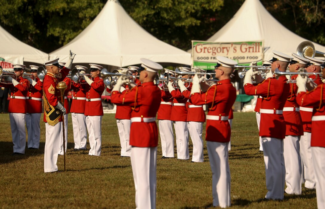 Marines with “The Commandant’s Own” U.S. Marine Drum and Bugle Corps perform during the 37th annual Enlisted Awards Parade at MCB Quantico, Virginia, Sept. 18, 2019. The Enlisted Awards Parade is held every year to recognize the individual achievements of enlisted Marines throughout the Marine Corps. (U.S. Marine Corps photo by Lance Cpl. Allen Sanders)