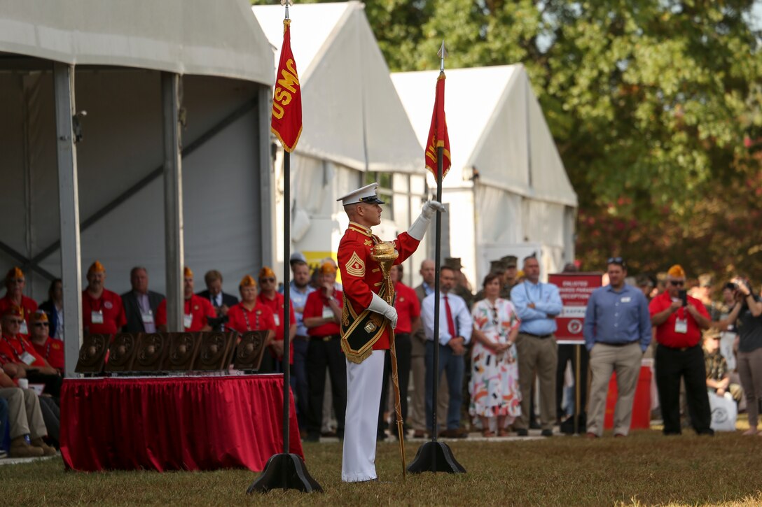 Master GySgt. Keith Martinez, drum major, “The Commandant’s Own” U.S. Marine Drum and Bugle Corps, directs the band during the 37th annual Enlisted Awards Parade at MCB Quantico, Virginia, Sept. 18, 2019. The Enlisted Awards Parade is held every year to recognize the individual achievements of enlisted Marines throughout the Marine Corps. (U.S. Marine Corps photo by Lance Cpl. Allen Sanders)