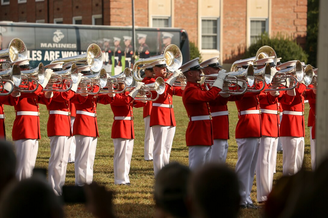 Marines with “The Commandant’s Own” U.S. Marine Drum and Bugle Corps perform during the 37th annual Enlisted Awards Parade at MCB Quantico, Virginia, Sept. 18, 2019. The Enlisted Awards Parade is held every year to recognize the individual achievements of enlisted Marines throughout the Marine Corps. (U.S. Marine Corps photo by Lance Cpl. Allen Sanders)