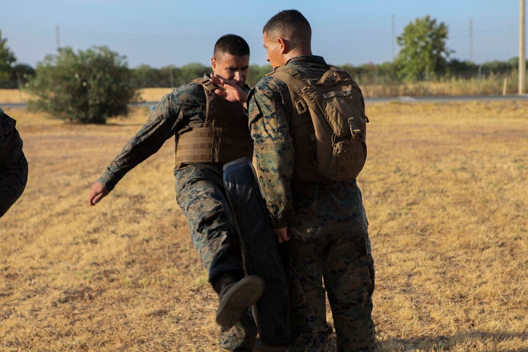 A U.S. Marine with Special Purpose Marine Air-Ground Task Force-Crisis Response-Africa 19.2, Marine Forces Europe and Africa, rehearses striking techniques during Marine Corps Martial Arts Instructor Course at Moron Air Base, Spain, Sept. 5, 2019. MAIC is a knowledge-driven course that teaches proper Marine Corps Martial Arts Program techniques and builds the ethical warrior mindset. SPMAGTF-CR-AF is deployed to conduct crisis-response and theater-security operations in Africa and promote regional stability by conducting military-to-military training exercises throughout Europe and Africa. (U.S. Marine Corps photo by Capt. Clay Groover)