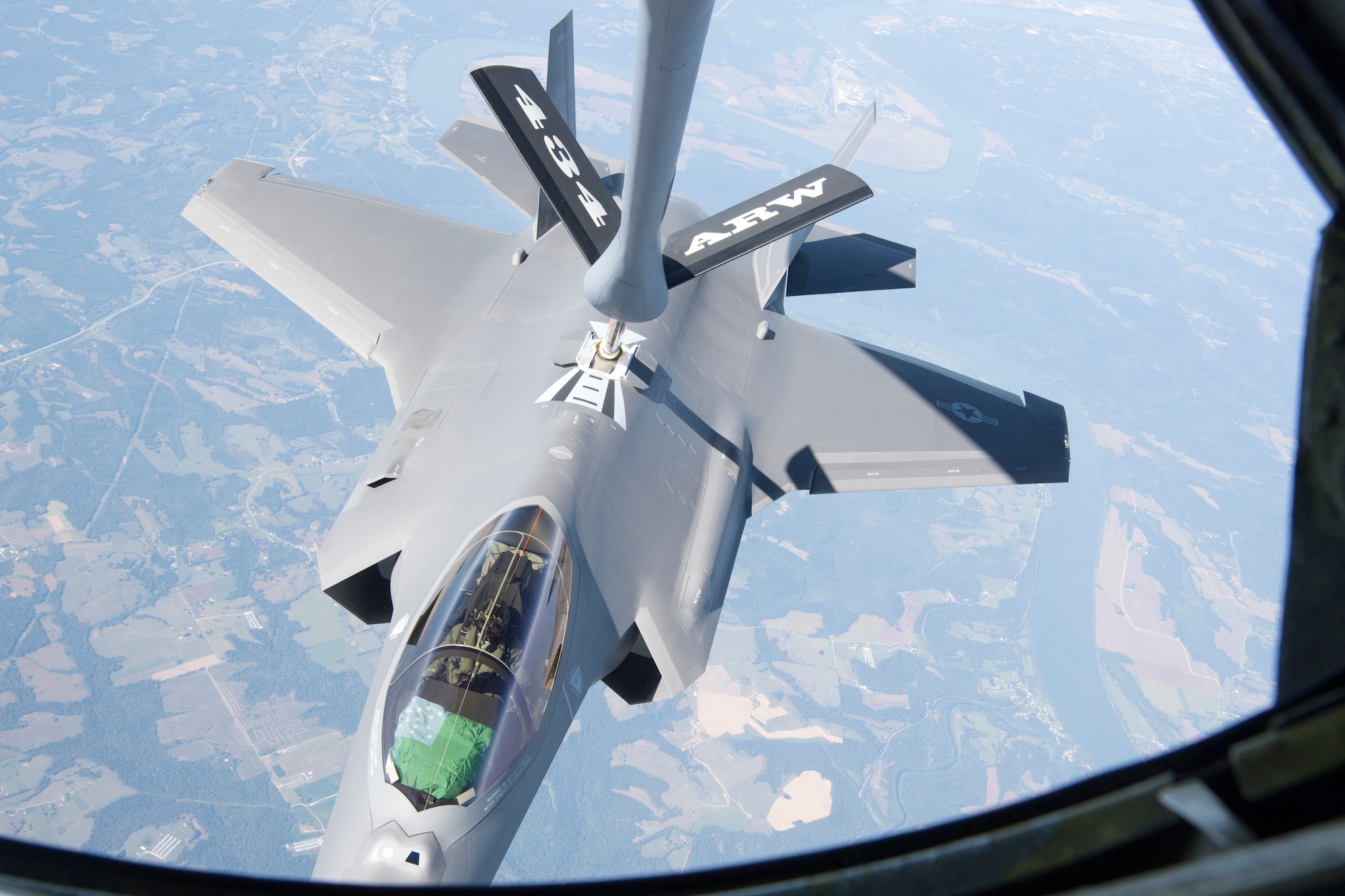 With only four hours of flight on its clock, an F-35 Lightning II from the 158th Fighter Wing out of the Vermont Air National Guard Base, South Burlington, Vt., receives fuel from a 434th Air Refueling Wing KC-135 Stratotanker from Grissom Air Reserve Base, Ind., over the Midwest Sept. 19, 2019. The 158th FW is the first Air National Guard unit to receive the aircraft, and will be the second operational F-35 wing in the U.S. Air Force, and will receive a total of 20 over the following months. (U.S. Air Force photo/Master Sgt. Ben Mota)