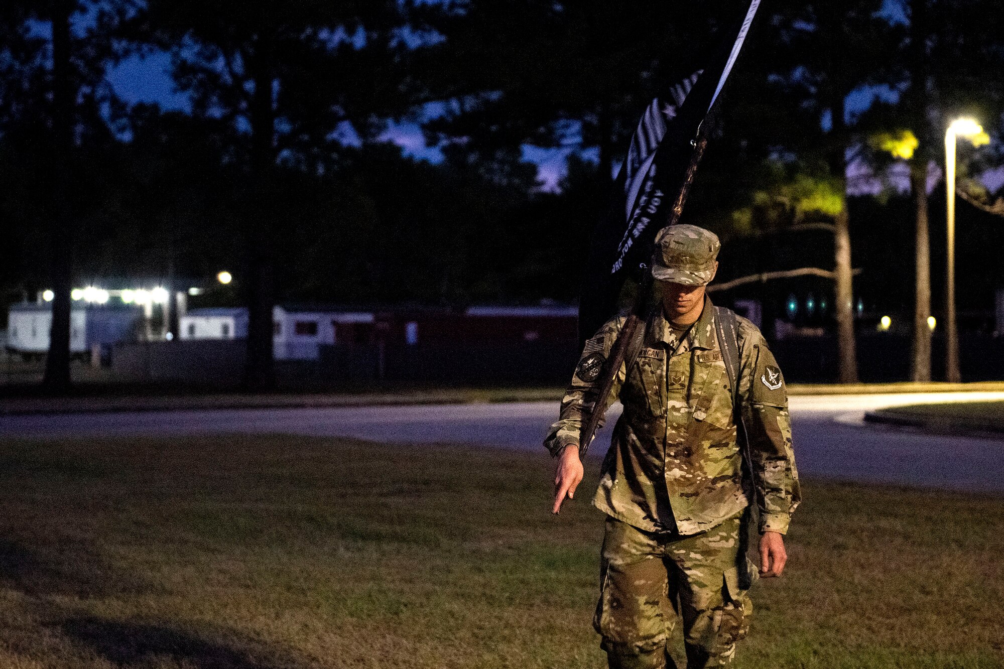 Staff Sgt. Michael Morgan, 23d Maintenance Squadron aerospace ground equipment craftsman, participates in the POW/MIA Recognition Day ruck march Sept. 20, 2019, at Moody Air Force Base, Ga. In 1979, the United States Congress passed a resolution authorizing National POW/MIA Recognition Day to be observed together with the national effort of bringing isolated personnel home. The 347th Operations Support Squadron hosted the 24-hour ruck march to pay tribute to those who’ve been captured or missing in the line of duty. (U.S. Air Force photo by Senior Airman Erick Requadt)