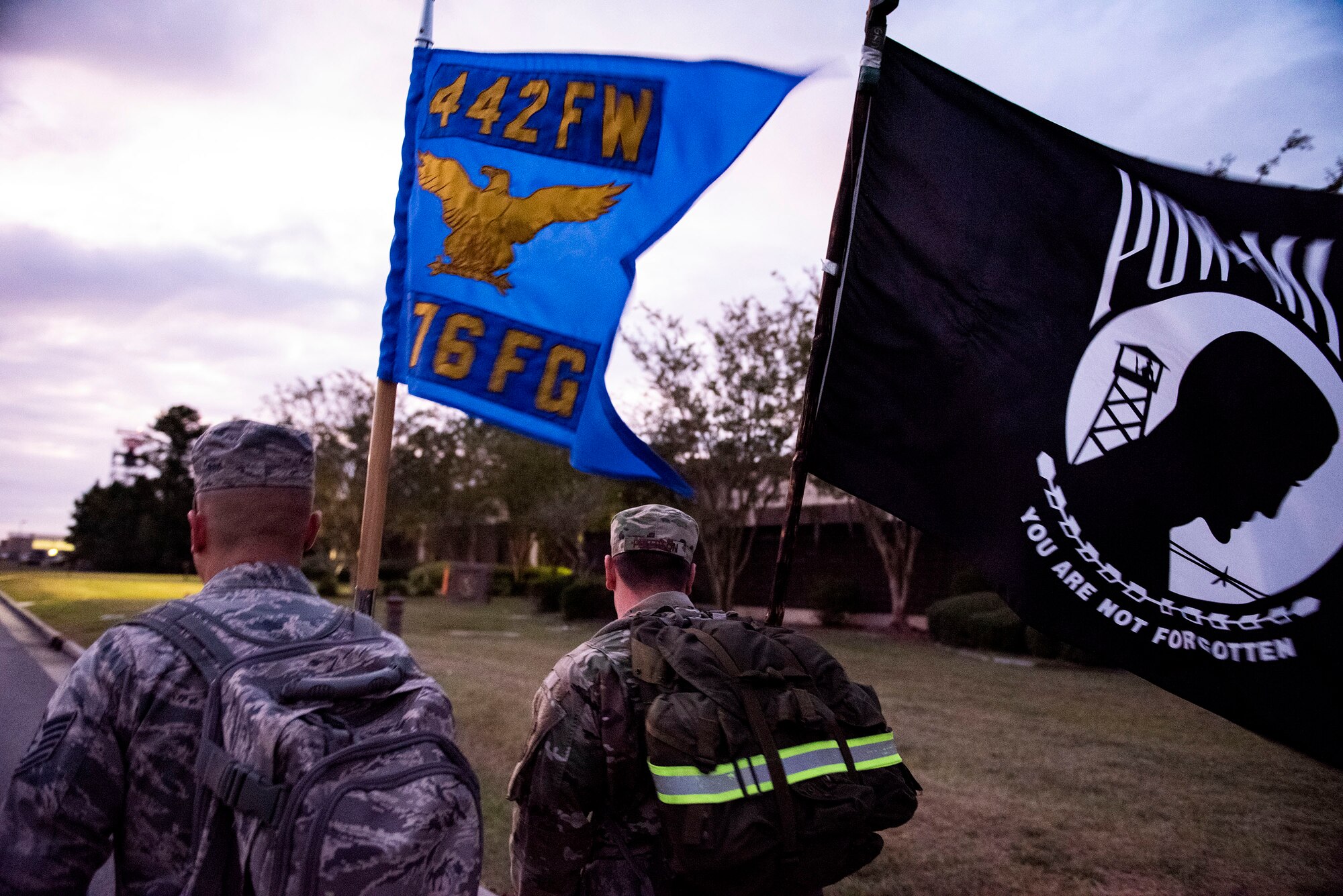 Airmen from the 476th Fighter Group participate in the POW/MIA Recognition Day ruck march Sept. 20, 2019, at Moody Air Force Base, Ga. In 1979, the United States Congress passed a resolution authorizing National POW/MIA Recognition Day to be observed together with the national effort of bringing isolated personnel home. The 347th Operations Support Squadron hosted the 24-hour ruck march to pay tribute to those who’ve been captured or missing in the line of duty. (U.S. Air Force photo by Senior Airman Erick Requadt)