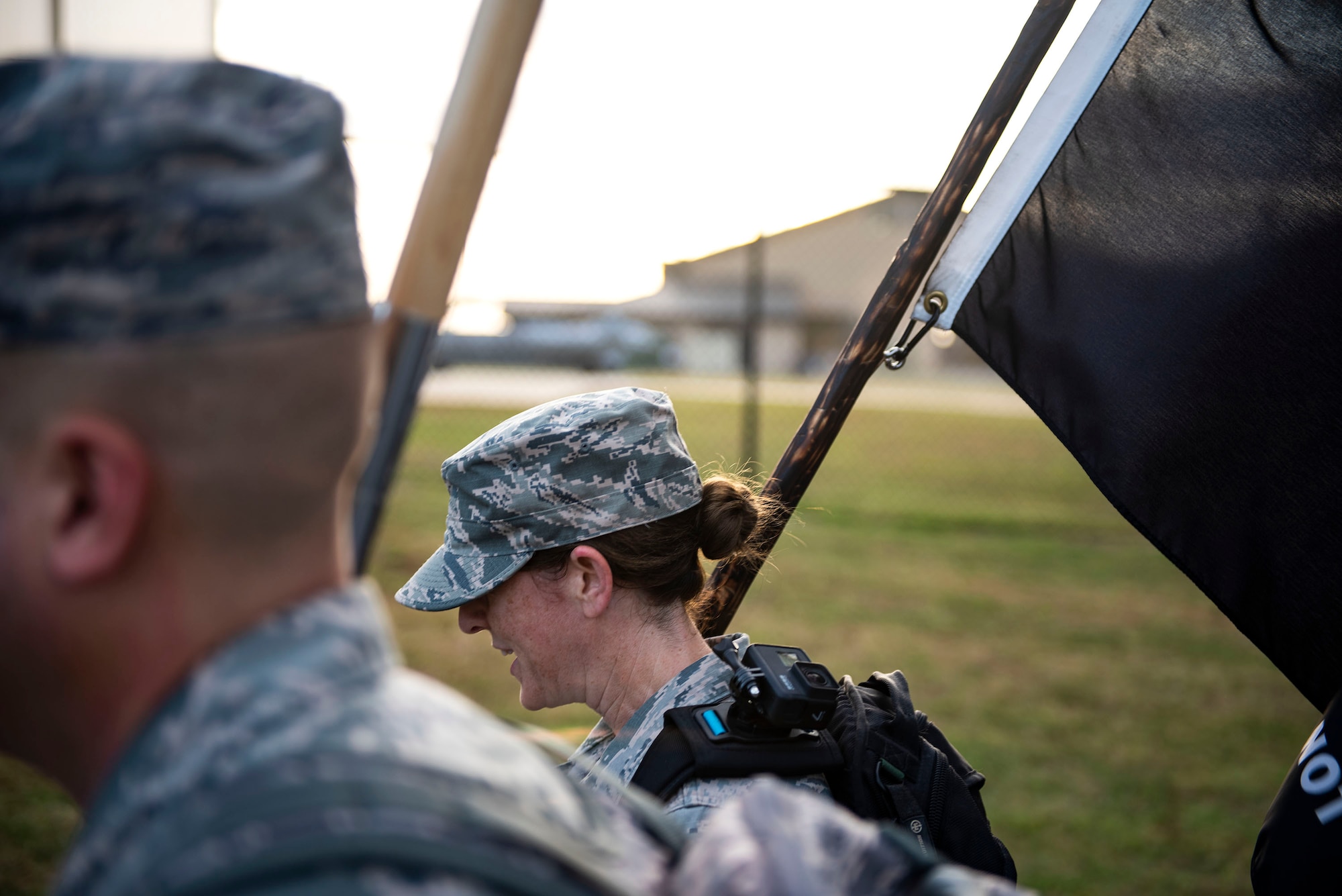 Master Sgt. Anna Gee, 476th Fighter Group metals technology shop chief, participates in the POW/MIA Recognition Day ruck march Sept. 20, 2019, at Moody Air Force Base, Ga. The 347th Operations Support Squadron hosted the 24-hour ruck march to pay tribute to those who’ve been captured or missing in the line of duty. (U.S. Air Force photo by Senior Airman Erick Requadt)