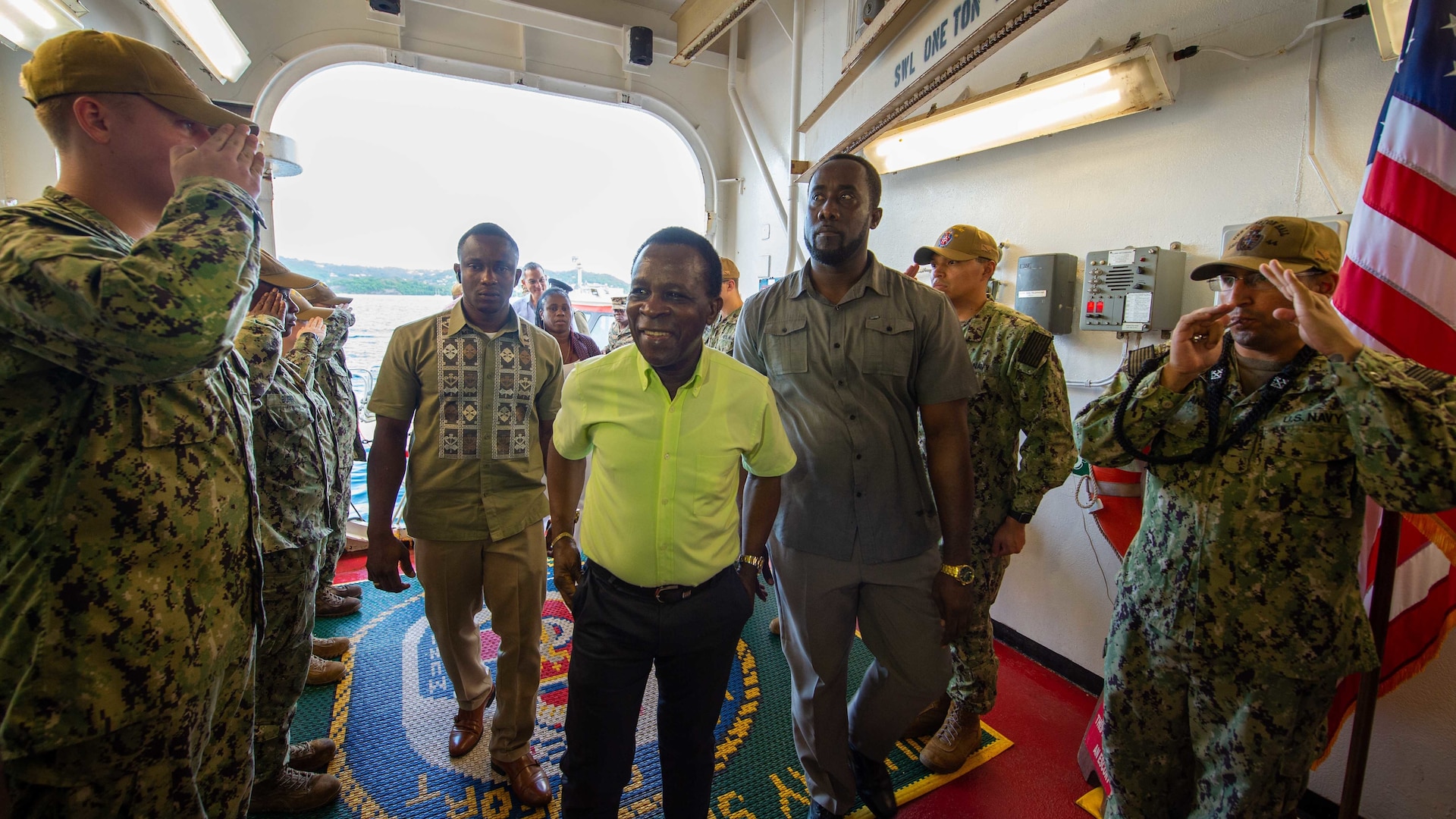 Grenadian Prime Minister Keith Mitchell takes a tour of the hospital ship USNS Comfort.