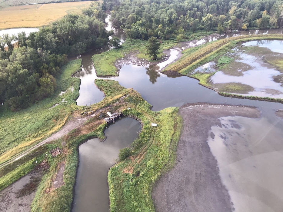 Aerial view of the southern outlet breach on the L611-614 Levee System. USACE Photo photo taken on Sept. 10, 2019.