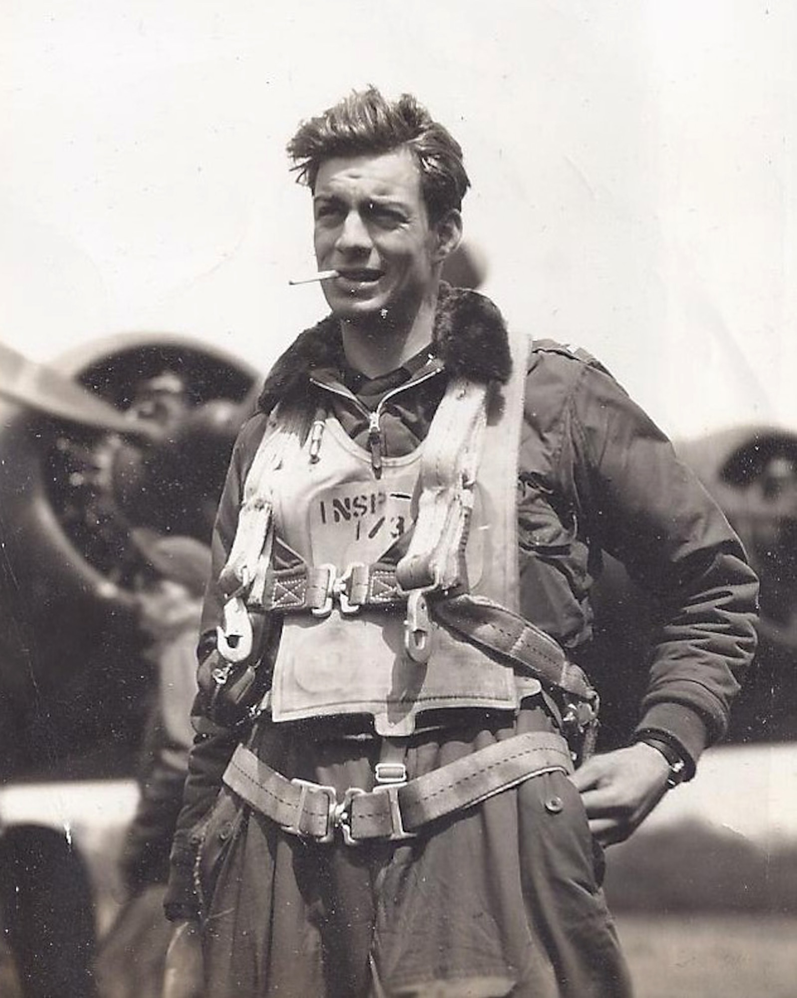 Don Currie, grandfather of Captain Erik Leitzel, a pilot assigned to the 393rd Bomb Squadron at Whiteman Air Force Base, Missouri, poses for a photo  on the Deenethorpe Airfield, United Kingdom, flight line in front of a B-17 during World War 2. Leitzel serves as a third-generation bomber pilot flying the B-2 Spirit, the U.S. Air Force's premier stealth bomber. (Courtesy photo)