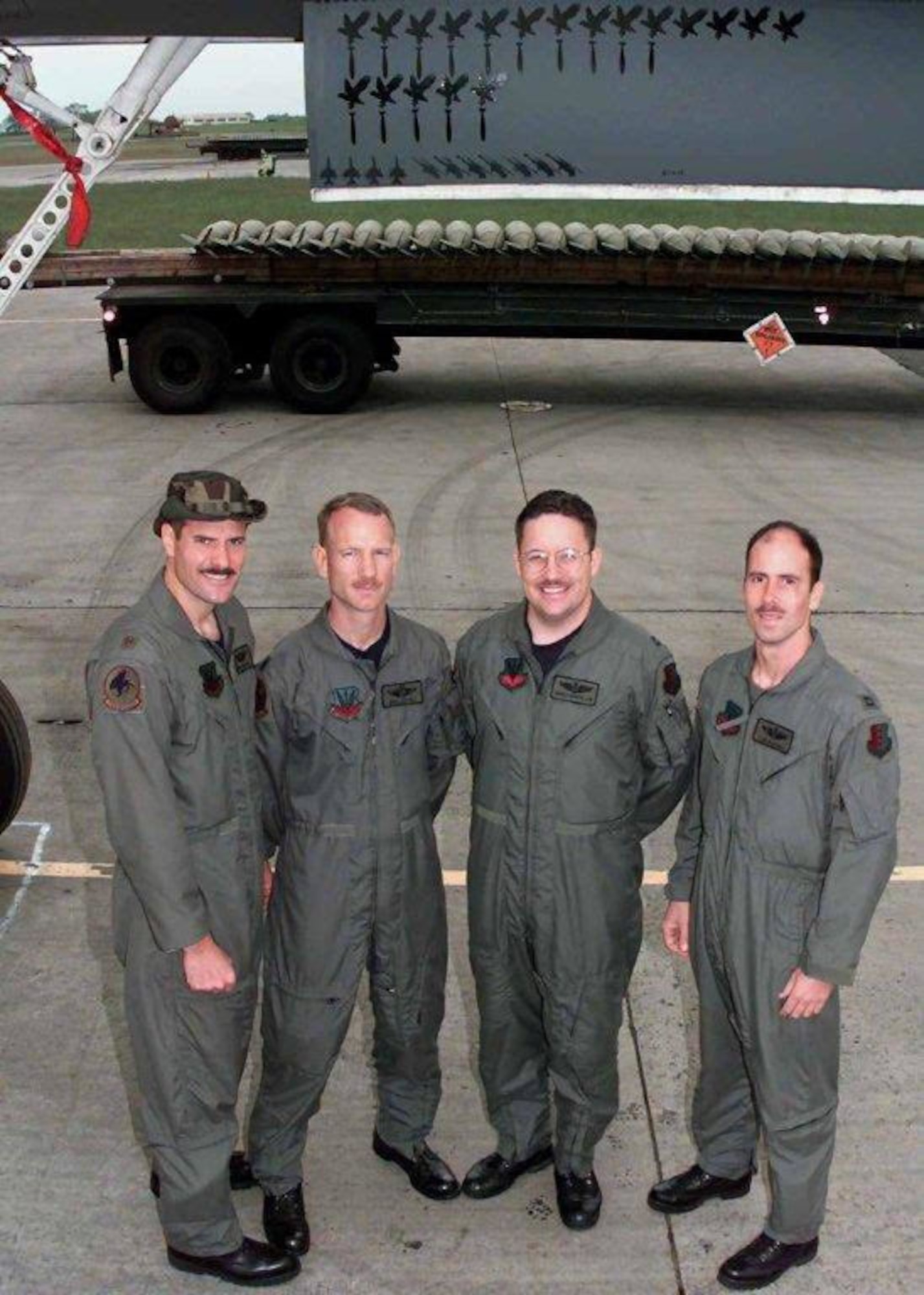 Ben Leitzel (second from left), father of Captain Erik Leitzel, a pilot assigned to the 393rd Bomb Squadron at Whiteman Air Force Base, Missouri, poses for a photo with his crew before a mission in 1999. The retired colonel flew 16 B-1 combat sorties During Operation Allied Force out of Royal Air Force Fairford, where his own son would later serve. Erik Leitzel continued his family's aviator legacy when he became a third-generation bomber pilot, flying the B-2 Spirit, the U.S. Air Force's premier stealth bomber. (Courtesy photo)