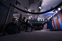Joint Staff Spokesperson Air Force Col. Patrick S. Ryder addresses the media during a press briefing at the Pentagon, Washington, D.C., Sept. 19, 2019.