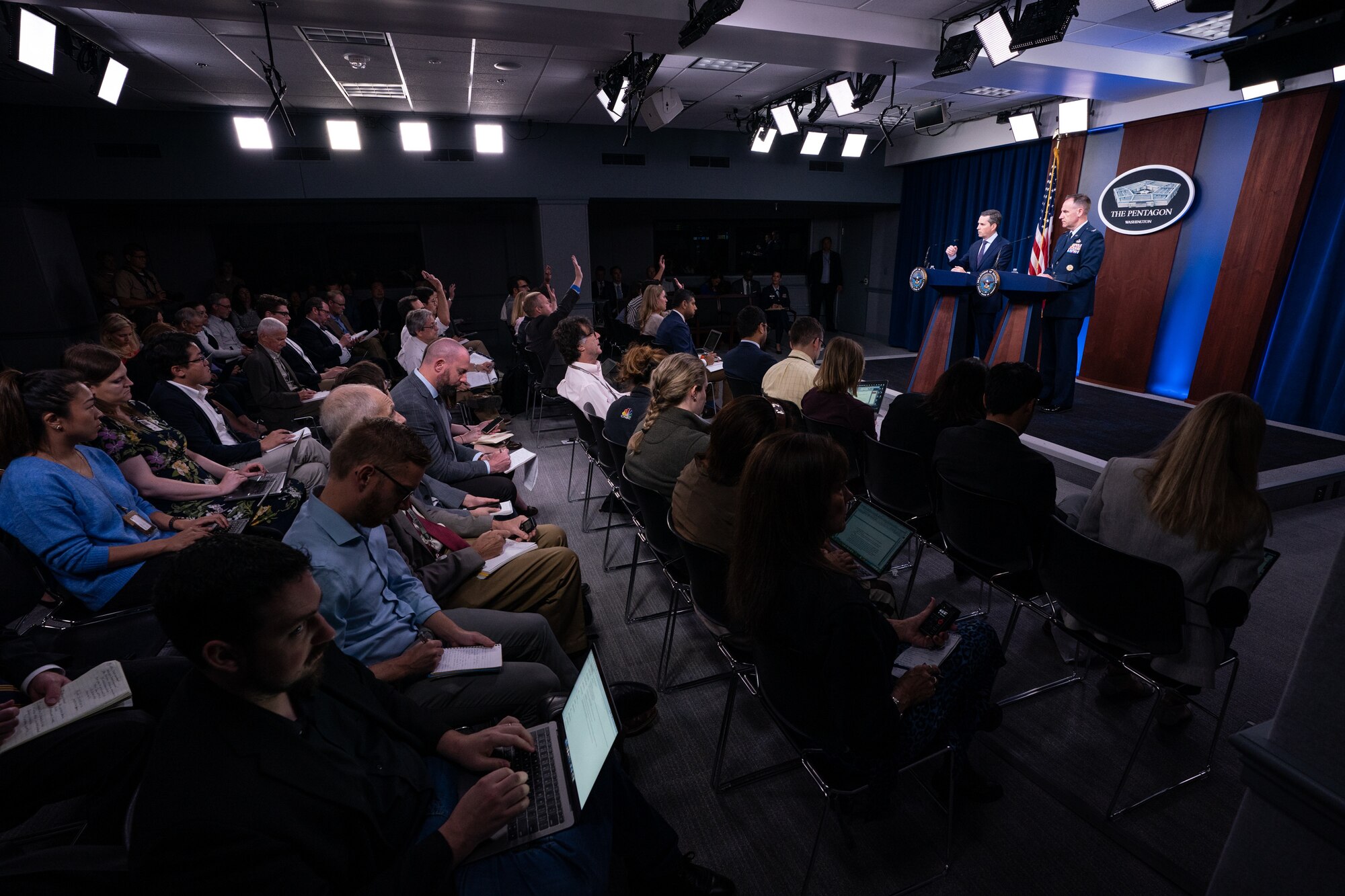 Assistant to the Secretary of Defense for Public Affairs Jonathan R. Hoffman and Joint Staff Spokesperson Air Force Col. Patrick S. Ryder hold a press briefing at the Pentagon, Washington, D.C., Sept. 19, 2019.
