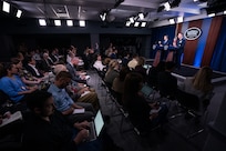 Assistant to the Secretary of Defense for Public Affairs Jonathan R. Hoffman and Joint Staff Spokesperson Air Force Col. Patrick S. Ryder hold a press briefing at the Pentagon, Washington, D.C., Sept. 19, 2019.