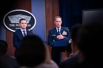 Joint Staff Spokesperson Air Force Col. Patrick S. Ryder addresses the media during a press briefing at the Pentagon, Washington, D.C., Sept. 19, 2019.