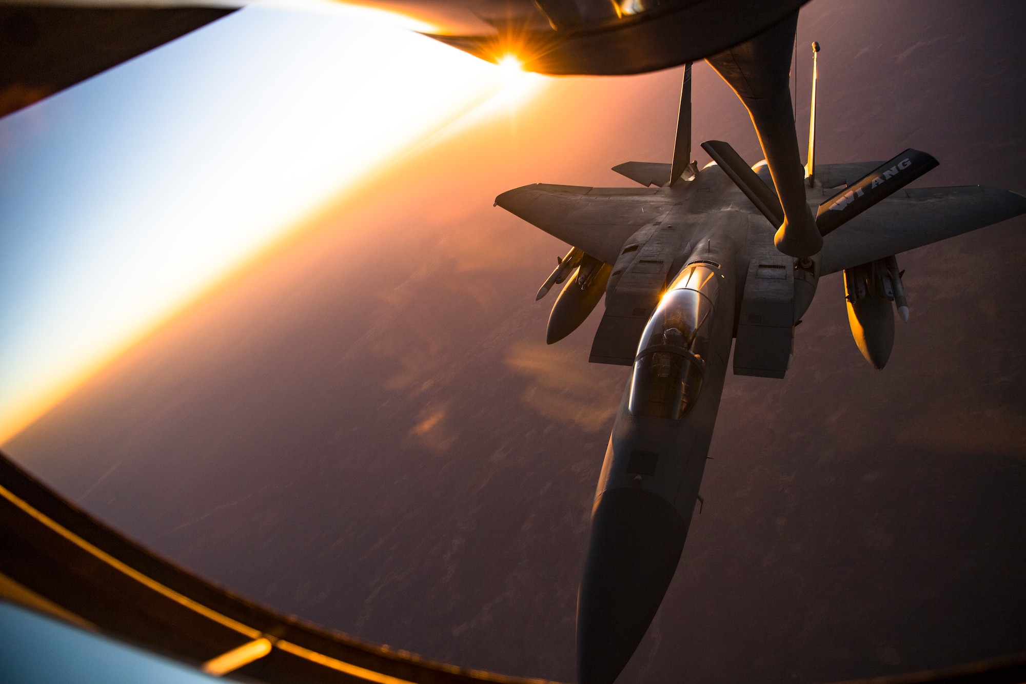 An F-15C Eagle receives fuel from a KC-135 Stratotanker