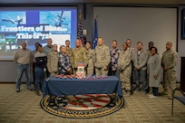 Members of the U.S. Air Force, both past and present, gather for a group photo during the 72nd Air Force birthday celebration at Joint Task Force Civil Support headquarters. The theme for this year’s celebration is “Frontiers of Blue…this is 72!” which focuses on heritage, warfighting capability and innovation. (Official DoD photo by Mass Communication Specialist 3rd Class Michael Redd/RELEASED)