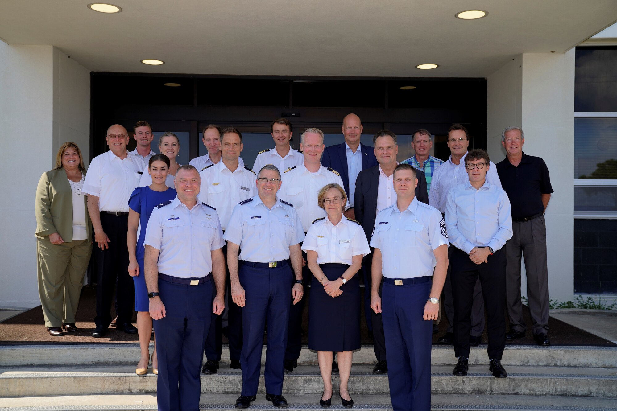Second from left front, Air Force Research Laboratory commander Maj. Gen. William Cooley hosted Swedish officials during the 23rd annual Air Senior National Representatives forum at Eglin Air Force Base in Florida. Second from right, Brig. Gen. Ingela Mathiasson, the director of Sweden’s Air and Space Division within the Defense Materiel Administration, co-chaired this meeting. (Courtesy photo)