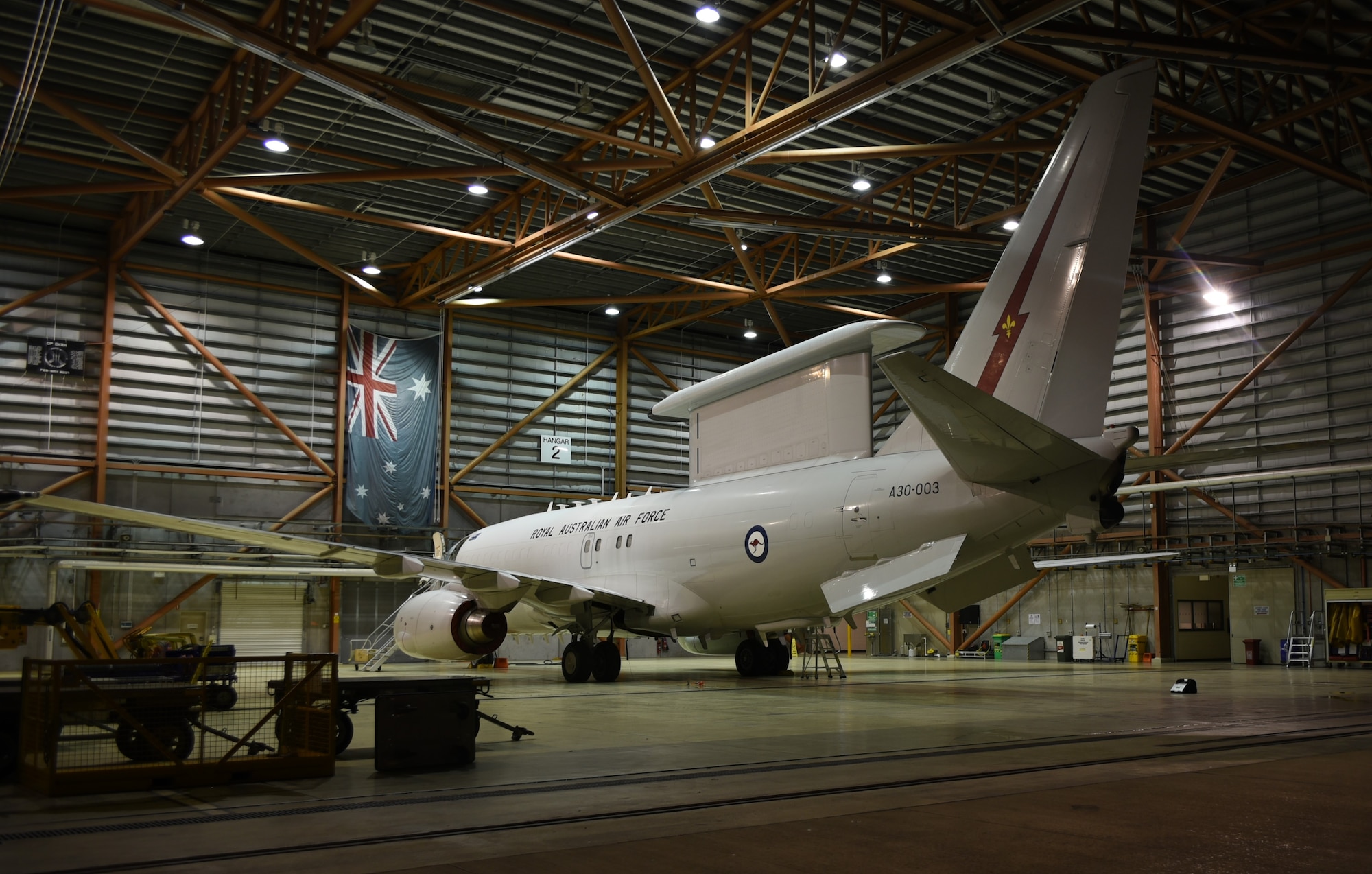 An E-3G Airborne Warning and Control System aircraft of the 552nd Air Control Wing, 960th Airborne Air Control Squadron, joins the Royal Australian Air Force E-7A Airborne Early Warning and Control aircraft in September 2019, Williamtown, Australia. The AWACS joined the RAAF to work on mission integration and partnership of similar airframes in response to the E-7A AEWC visiting the 552nd ACW in 2017. (U.S. Air Force photo/2d Lt Ashlyn K. Paulson)