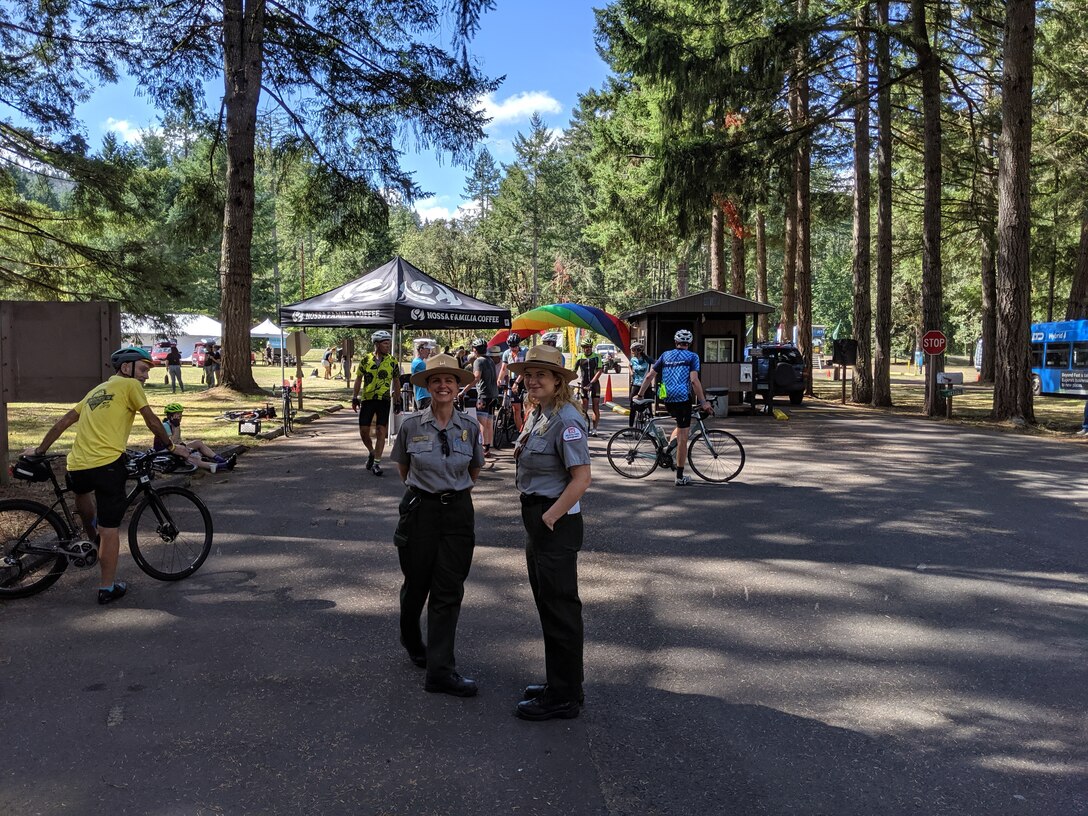 Park rangers Christie Johnson and Teresa Bailey welcomed cyclists to Schwarz campground and provided support during the event.