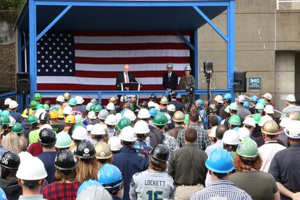 Secretary of the Navy Richard V. Spencer addressed members of the Puget Sound Naval Shipyard & Intermediate Maintenance Facility workforce Sept. 20, 2019, in Bremerton, Wash., before touring key projects and facilities during his hour-and-45-minute visit to the shipyard.